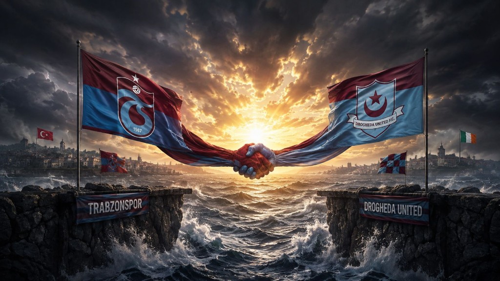 Fırtınalı denizin üzerinde Trabzonspor ve Drogheda United bayraklarından oluşan el sıkışma