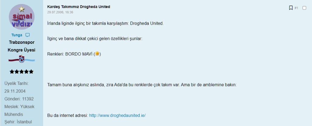 Tunga’nın 29 Temmuz 2006 BMN forum yazısı: Kardeş Takımımız Drogheda United