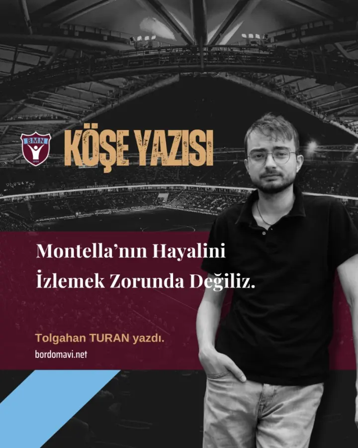 Stadyum arka planda siyah-beyaz; solda köşe yazısı başlığı, sağda gözlüklü Tolgahan Turan portresi.